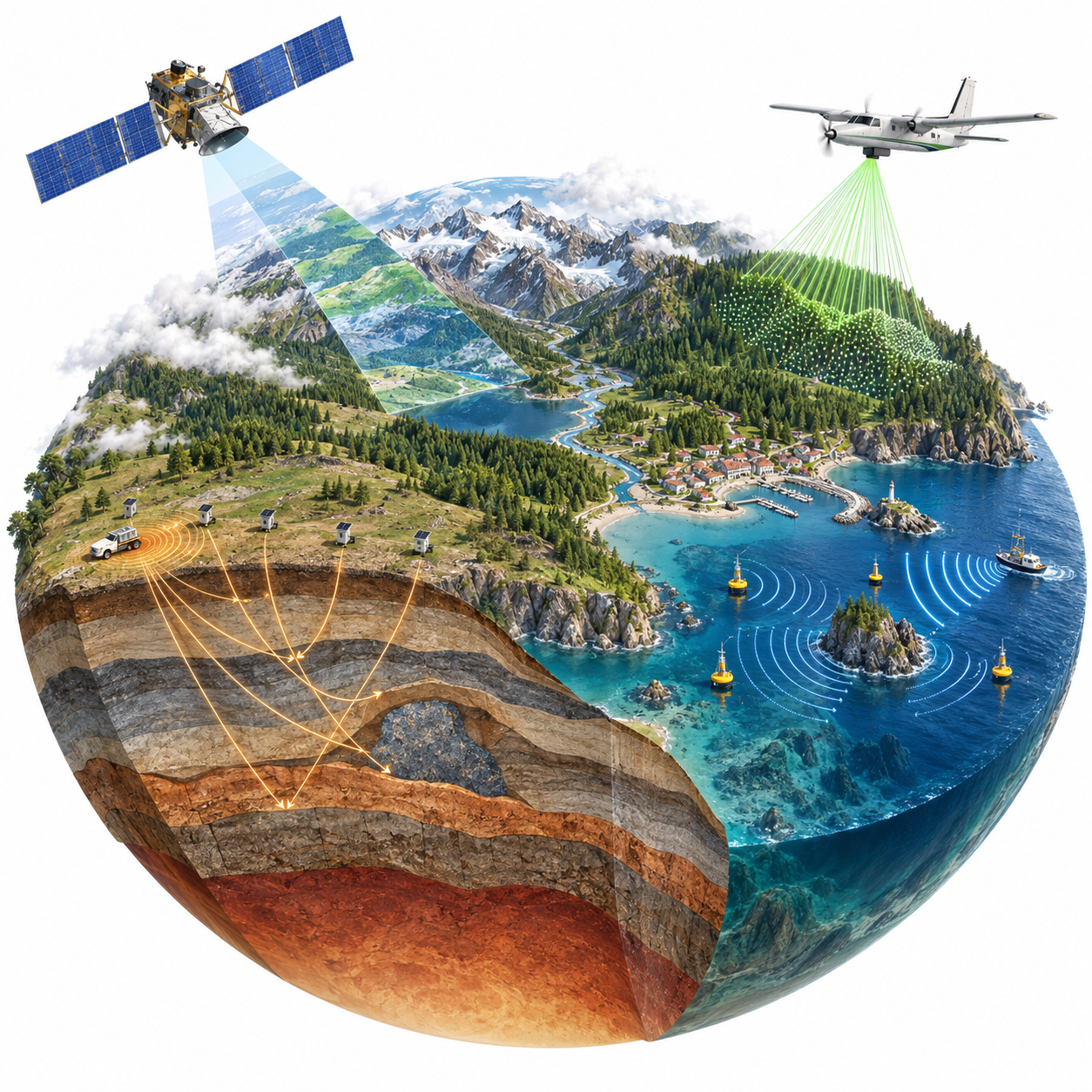 Satellite sensing, airborne LiDAR, wave scattering, and subsurface exploration in a cutaway landscape.