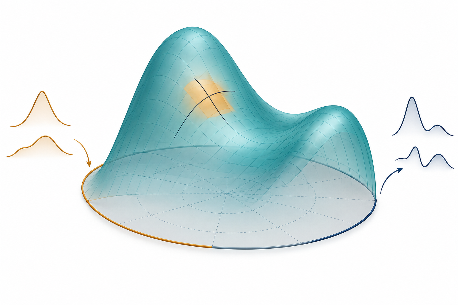 A schematic solution surface with highlighted local curvatures, boundary inputs, and nonlinear responses.