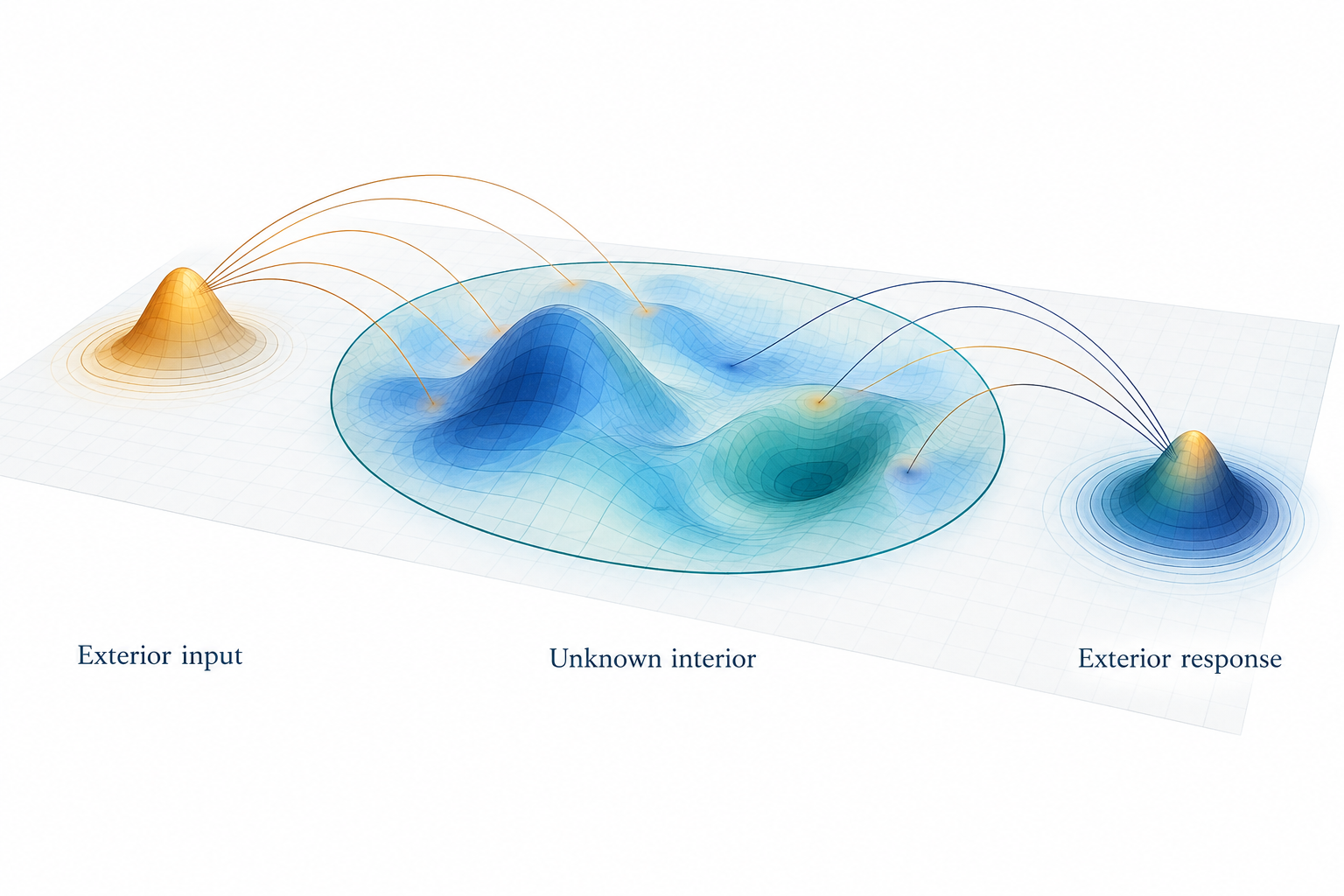 Exterior input and response regions coupled to an unknown interior through nonlocal interactions.