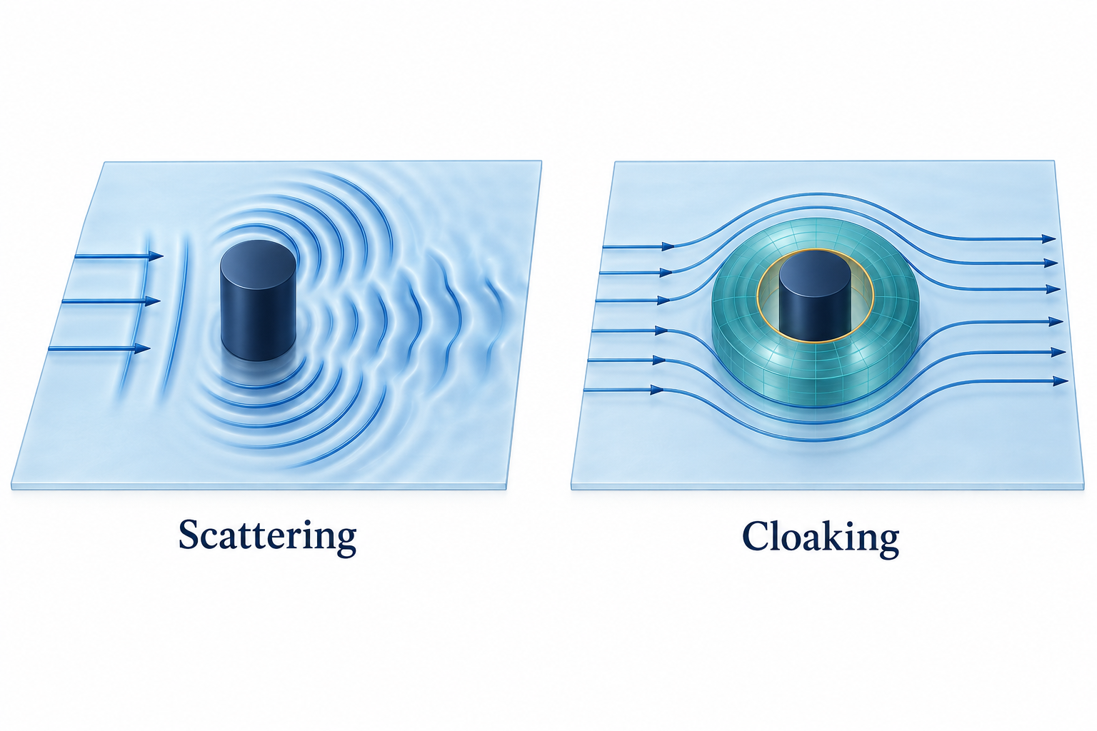 Comparison of a detectable scattered field around an obstacle and an idealized cloak guiding waves around it.